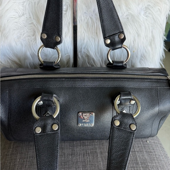 MCM Black Leather Barrel Satchel with Gold Accent Plate - Picture 8 of 12